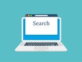 Computer laptop, browser window and ranking sites in search results of web search engine. Search engine. Flat design