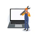 computer,laptop repair service concept. Huge laptop and happy technician man. Flat vector cartoon character illustration Royalty Free Stock Photo