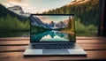 Computer laptop on table, nature beauty reflected in mountain landscape generated by AI Royalty Free Stock Photo