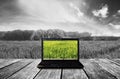 Computer laptop on wooden terrace with nature view background. Contrast colorful computer screen with black and white background.