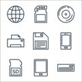 computer line icons. linear set. quality vector line set such as dvd, tablet, sd card, phone, floppy disc, printer, compact disk, Royalty Free Stock Photo