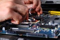 Computer literacy repair men hands, man examines laptop clean thermal paste Royalty Free Stock Photo