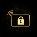 Computer, lock security gold icon. Vector illustration of golden particle background