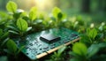 Computer memory board with chip, card in green plants. Information tech, environmental concept. recycling. Green computing, Royalty Free Stock Photo