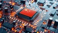 computer microchip with the Chinese flag on a circuit board Royalty Free Stock Photo