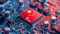 computer microchip with the Chinese flag on a circuit board Royalty Free Stock Photo