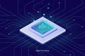 Computer microchip cpu, isometric icon, abstract concept of computing, data processing, digital technology element for