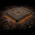 A computer microchip with intricate gold-colored circuit paths is depicted. The chip is Royalty Free Stock Photo
