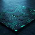 A computer microchip with intricate green circuit patterns is prominently displayed. Royalty Free Stock Photo