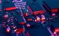 Computer Microchips  on Electronic circuit board. Technology microelectronics concept background. Macro shot, selective focus, Royalty Free Stock Photo