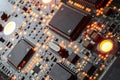 Computer Microchips and Processors on Electronic circuit board. Computer hardware technology. Abstract technology microelectronics Royalty Free Stock Photo