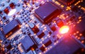 Computer Microchips and Processors on Electronic circuit board. Computer hardware technology. Abstract technology microelectronics Royalty Free Stock Photo