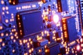 Computer Microchips and Processors on Electronic circuit board. Computer hardware technology. Abstract technology microelectronics Royalty Free Stock Photo