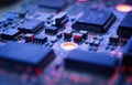 Computer Microchips and Processors on Electronic circuit board. Computer hardware technology. Abstract technology microelectronics Royalty Free Stock Photo