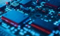 Computer Microchips and Processors on Electronic circuit board. Computer hardware technology. Abstract technology microelectronics Royalty Free Stock Photo
