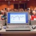 Computer and microphone on rostrum at business event. Royalty Free Stock Photo