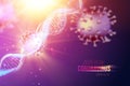 Computer model of Coronavirus in futuristic rays inside human DNA genome over violet background. 3d model of virus 19 Royalty Free Stock Photo