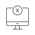 Computer Monitor with Cross Sign Line Icon. Error or Cancel Action on Desktop Screen Outline Symbol. Editable Stroke