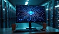 Computer monitor displaying circuit board design. Tech equipment on desk. Modern workstation in server room. Digital tech in