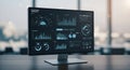 Computer monitor displaying a corporate dashboard with various data visualizations, Royalty Free Stock Photo