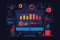 A computer monitor displaying data charts and graphs surrounded by futuristic icons representing data analysis Royalty Free Stock Photo
