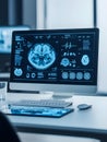 Computer monitor displaying detailed brain MRI scans with diagnostic data, EEG waveforms, and medical analytics