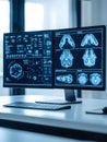 Computer monitor displaying detailed brain MRI scans with diagnostic data, EEG waveforms, and medical analytics