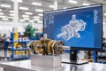 Computer monitor displaying a detailed 3D CAD model of a machine or engine part in a modern home office workspace, for engineering Royalty Free Stock Photo