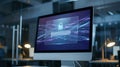 Computer Monitor Displaying Digital Lock and Network Security Interface in Modern Office Royalty Free Stock Photo