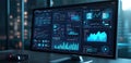 A computer monitor displaying financial data charts and graphs in a dark room Royalty Free Stock Photo