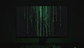 Computer monitor displaying green digital code stream Royalty Free Stock Photo