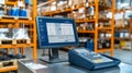 Computer monitor displaying inventory management software in a warehouse setting Royalty Free Stock Photo