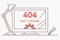 Computer monitor displaying a 404 not found error with a gear icon and tool, indicating a technical issue during a browsing Royalty Free Stock Photo