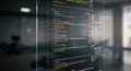 Computer monitor displaying programming code against a blurred office background. Royalty Free Stock Photo