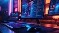 Computer monitor displaying programming code in a neon lit office Royalty Free Stock Photo