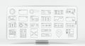 Computer monitor displaying a series of wireframe UI elements, including browser Royalty Free Stock Photo