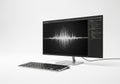 A computer monitor displaying a sound waveform and lines of code on a sleek, minimalist interface. Royalty Free Stock Photo