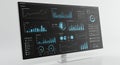 Computer monitor displaying various data visualizations on a dark-themed interface. Royalty Free Stock Photo