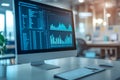 A computer monitor displaying various graphs and data analysis charts, with a blurred office background.AI. Royalty Free Stock Photo