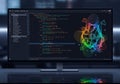 A computer monitor displays a code editor with colorful lines of code, likely written in a programmi Royalty Free Stock Photo