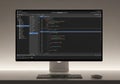A computer monitor displays a code editor with JavaScript visible. The dark-themed interface Royalty Free Stock Photo