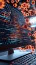 computer monitor displays code while holographic viruses float around, symbolizing malware Royalty Free Stock Photo