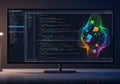 A computer monitor displays code in a script editor on a modern interface with a dark mode theme. Royalty Free Stock Photo