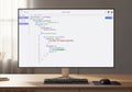 A computer monitor displays a coding interface featuring colorful code syntax. The monitor sits on Royalty Free Stock Photo