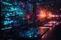 A computer monitor displays a colorful, glowing display of code Royalty Free Stock Photo