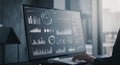 A computer monitor displays a complex array of data visualizations, including bar Royalty Free Stock Photo