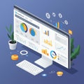 A computer monitor displays a data dashboard with various graphs and charts, Royalty Free Stock Photo