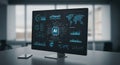 A computer monitor displays data visualizations focused on AI technology. The Royalty Free Stock Photo