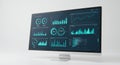 A computer monitor displays a digital dashboard with various data visualizations. Royalty Free Stock Photo
