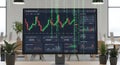 Computer monitor displays financial data with falling binary code in modern office setting Royalty Free Stock Photo
